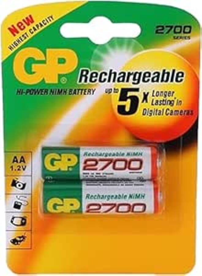 GP Rechargeable AA Batteries 2700mAh – 1.2V NiMH High Capacity – Pre-Charged, Reusable – Pack of 2